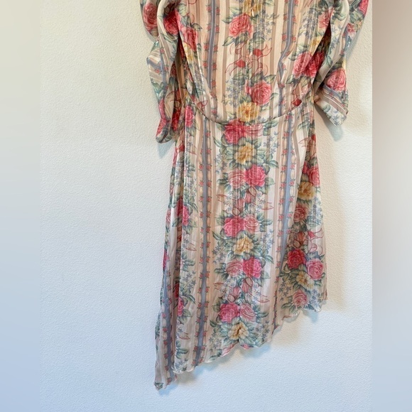 Anna Sui Whisper Rose Floral Striped Asymmetrical Puff Sleeves Cream Dress 6 - Picture 13 of 16